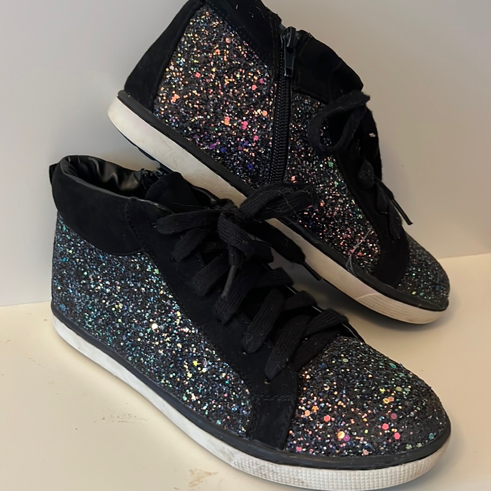 Justice Black with iridescent glitter high top sneakers, size 6
